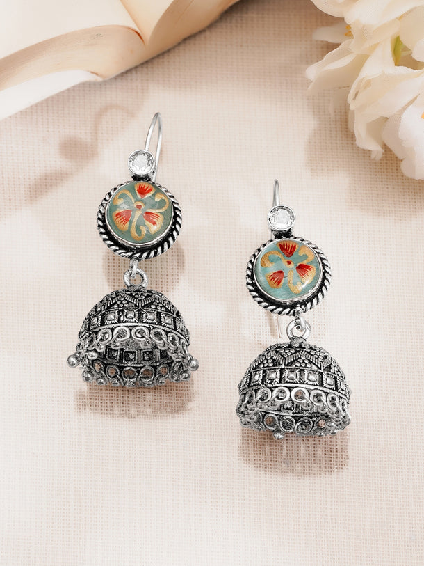 Oxidised Silver Tone Brass Multicolour Enamel Floral Jhumka Earrings