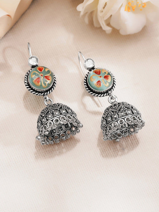 Oxidised Silver Tone Brass Multicolour Enamel Floral Jhumka Earrings