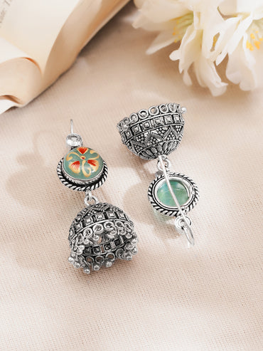 Oxidised Silver Tone Brass Multicolour Enamel Floral Jhumka Earrings