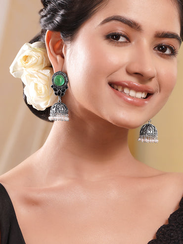 Oxidised Silver Tone Brass Emerald Studded Floral Stud Jhumka Earrings