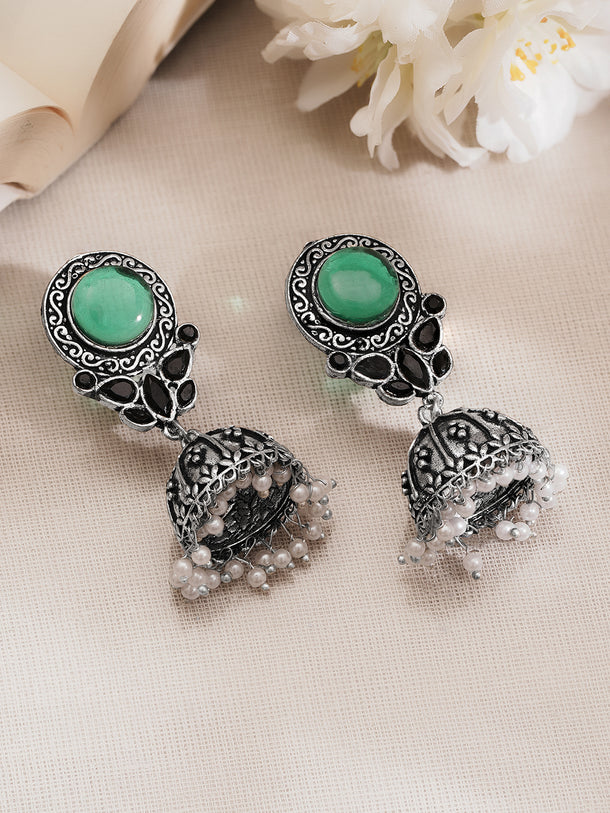 Oxidised Silver Tone Brass Emerald Studded Floral Stud Jhumka Earrings
