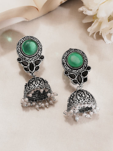 Oxidised Silver Tone Brass Emerald Studded Floral Stud Jhumka Earrings