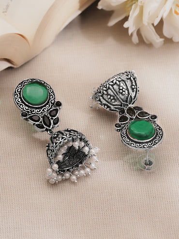 Oxidised Silver Tone Brass Emerald Studded Floral Stud Jhumka Earrings