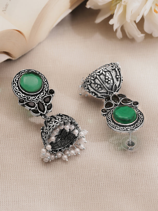Oxidised Silver Tone Brass Emerald Studded Floral Stud Jhumka Earrings