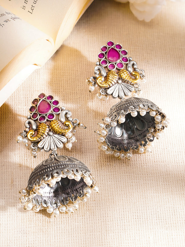 Oxidised Pink Accent Pearl Jhumka Earrings