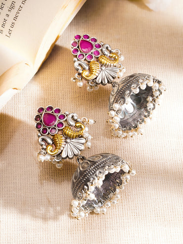 Oxidised Pink Accent Pearl Jhumka Earrings