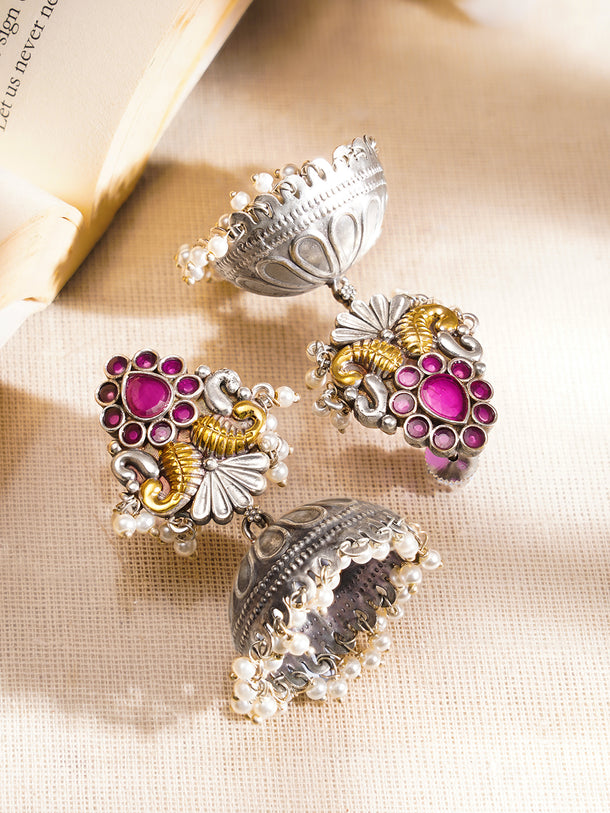 Oxidised Pink Accent Pearl Jhumka Earrings