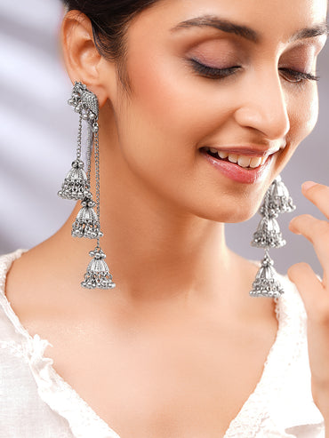 Rhodium Plated Tribal Long Chain Drop Earrings