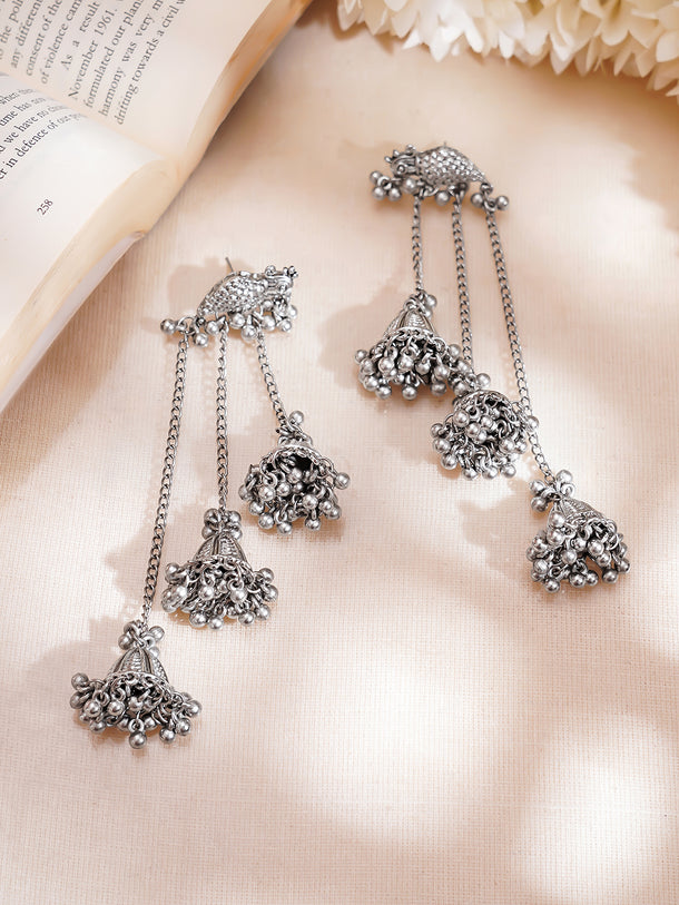 Rhodium Plated Tribal Long Chain Drop Earrings
