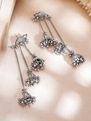 Rhodium Plated Tribal Long Chain Drop Earrings