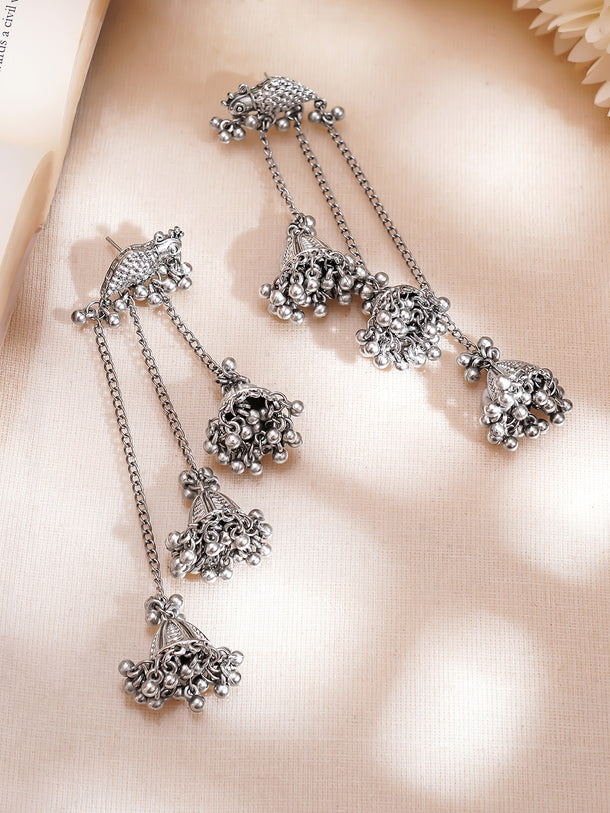 Rhodium Plated Tribal Long Chain Drop Earrings