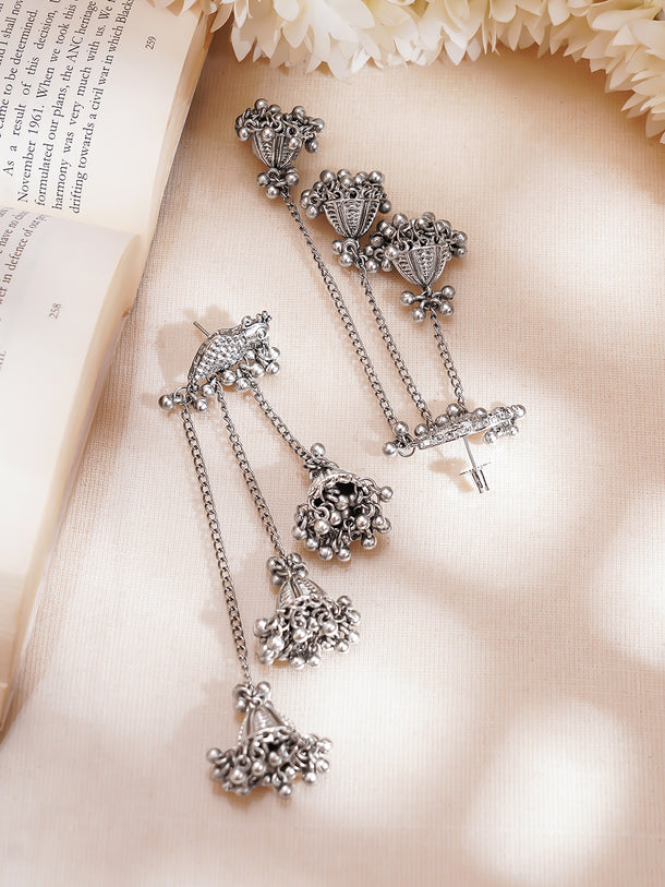 Rhodium Plated Tribal Long Chain Drop Earrings
