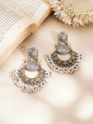 Oxidised Floral Design Kundan Dangler Earrings