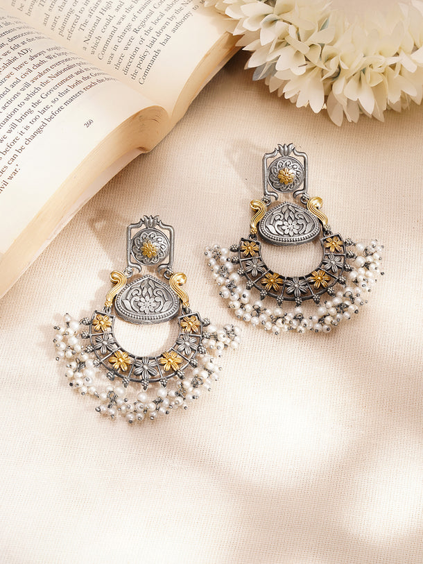 Oxidised Floral Design Kundan Dangler Earrings