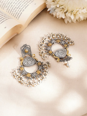 Oxidised Floral Design Kundan Dangler Earrings