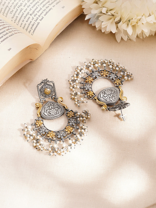 Oxidised Floral Design Kundan Dangler Earrings