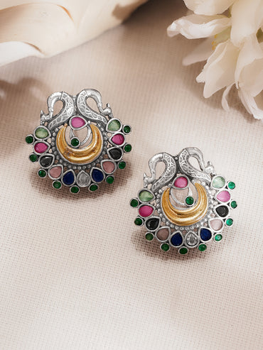 Oxidised Silver Tone Brass Multicolour Peacock Stud Earrings