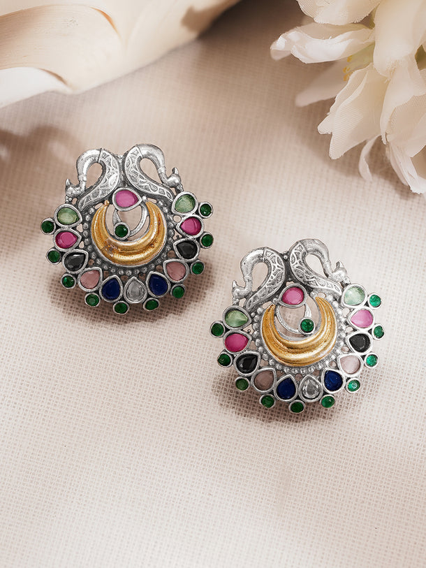 Oxidised Silver Tone Brass Multicolour Peacock Stud Earrings