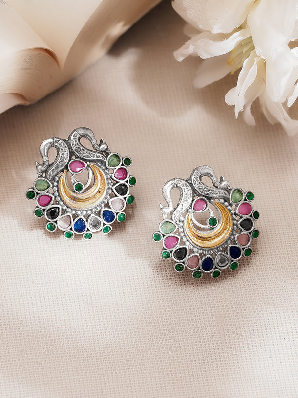 Oxidised Silver Tone Brass Multicolour Peacock Stud Earrings
