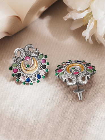 Oxidised Silver Tone Brass Multicolour Peacock Stud Earrings