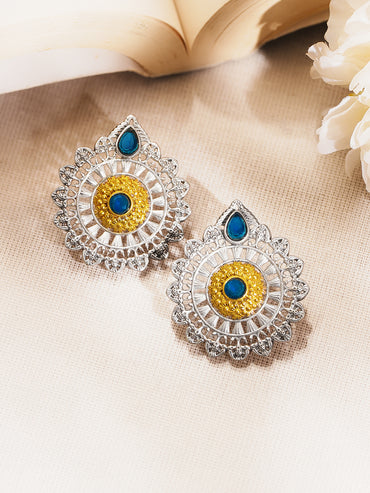 Oxidised Silver Tone Brass Stud Earrings with Blue Accent