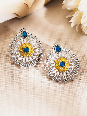 Oxidised Silver Tone Brass Stud Earrings with Blue Accent