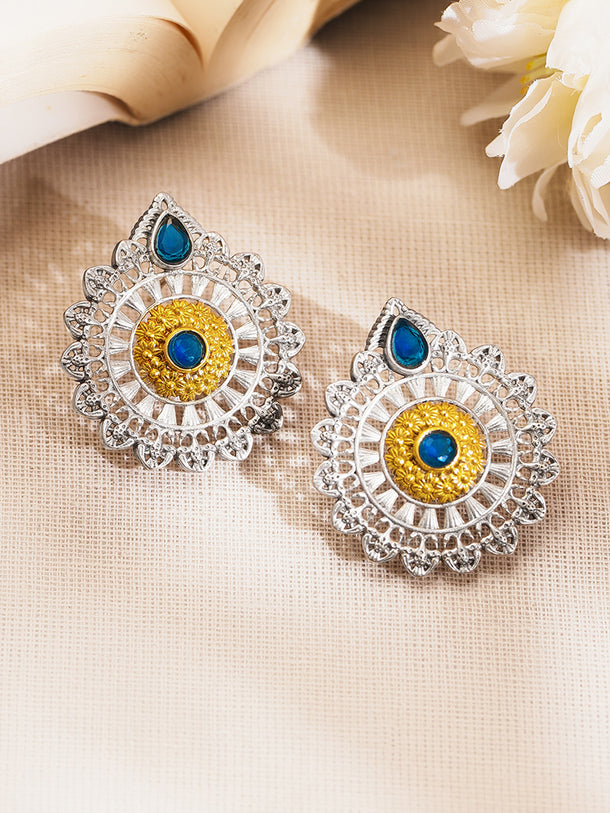 Oxidised Silver Tone Brass Stud Earrings with Blue Accent