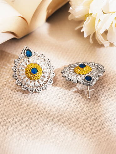 Oxidised Silver Tone Brass Stud Earrings with Blue Accent