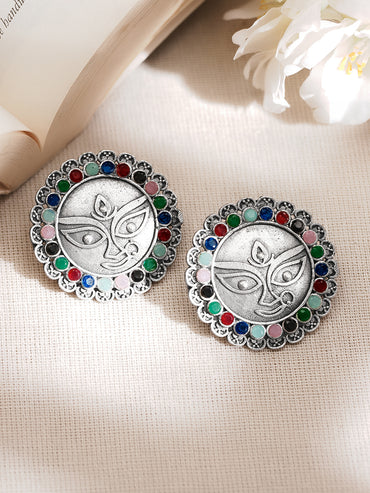 Oxidised Silver Tone Brass Multicolour Beaded Durga Face Stud Earrings