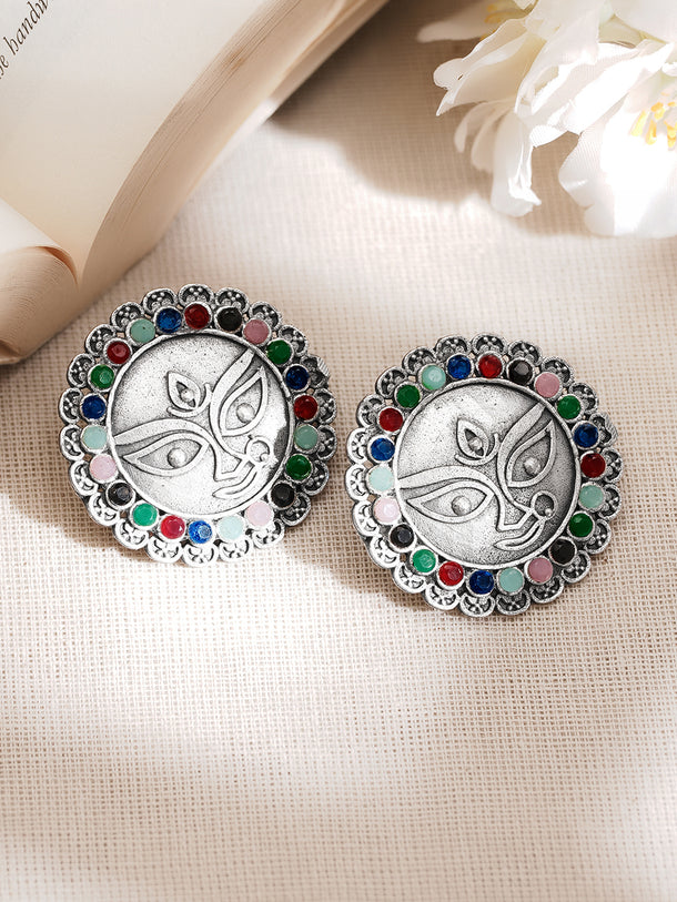 Oxidised Silver Tone Brass Multicolour Beaded Durga Face Stud Earrings