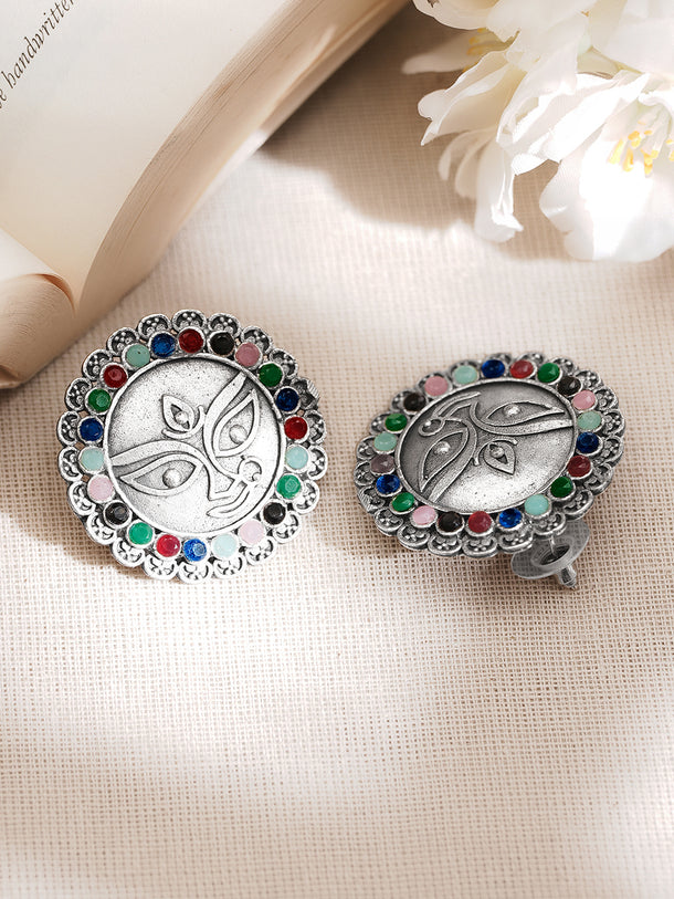 Oxidised Silver Tone Brass Multicolour Beaded Durga Face Stud Earrings