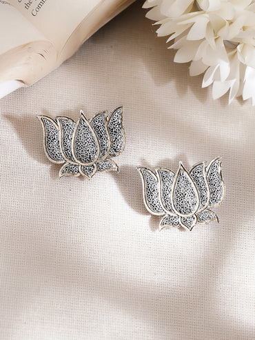 Oxidised Lotus Design Stud Earrings