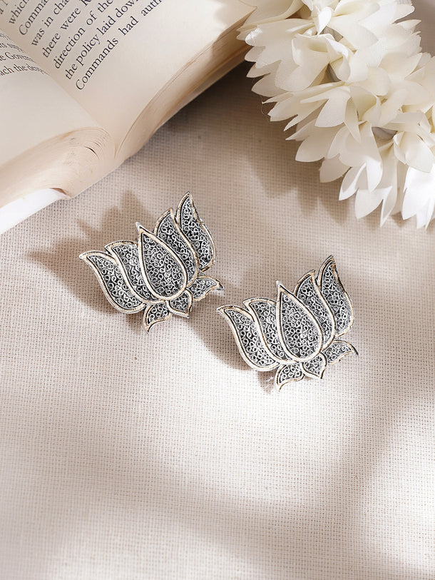 Oxidised Lotus Design Stud Earrings
