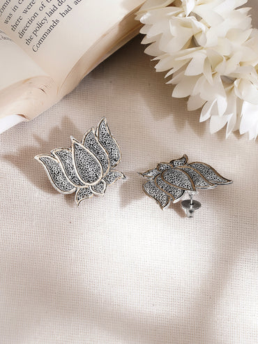 Oxidised Lotus Design Stud Earrings