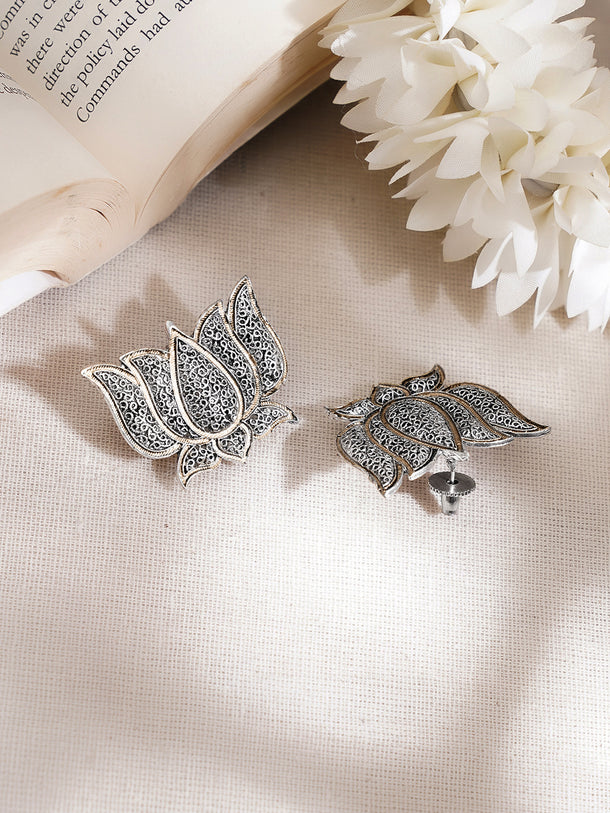 Oxidised Lotus Design Stud Earrings