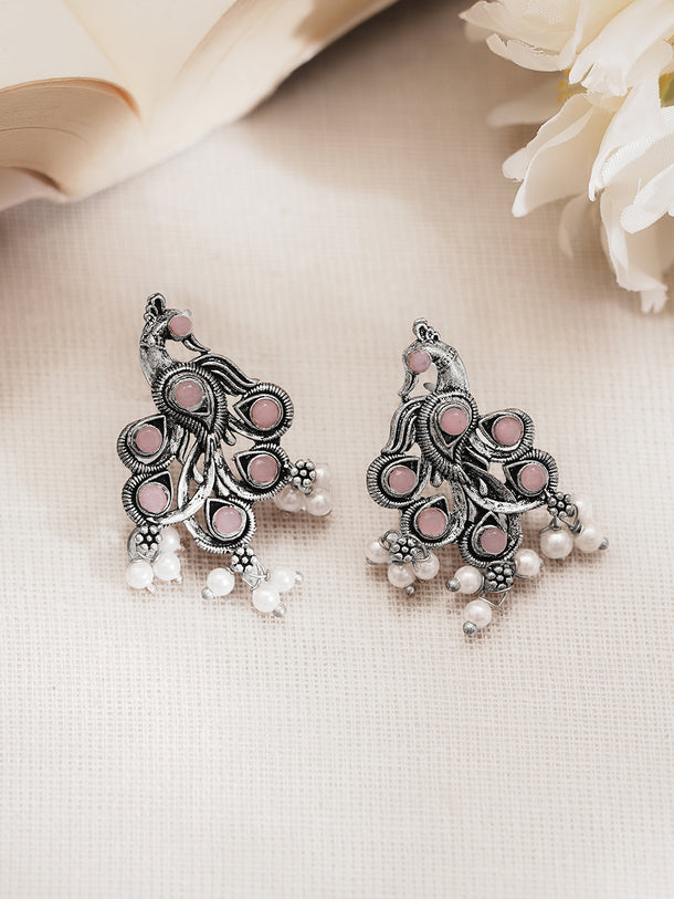 Oxidised Pastel Pink Peacock Stud Earrings