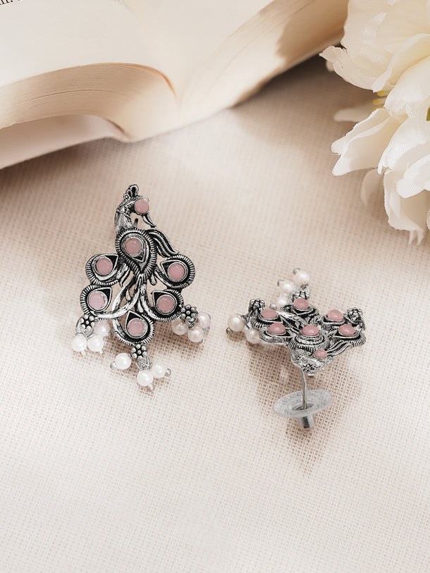 Oxidised Pastel Pink Peacock Stud Earrings