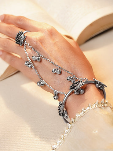 Oxidised Ghungroo Beaded Lotus Motif  Hathphool