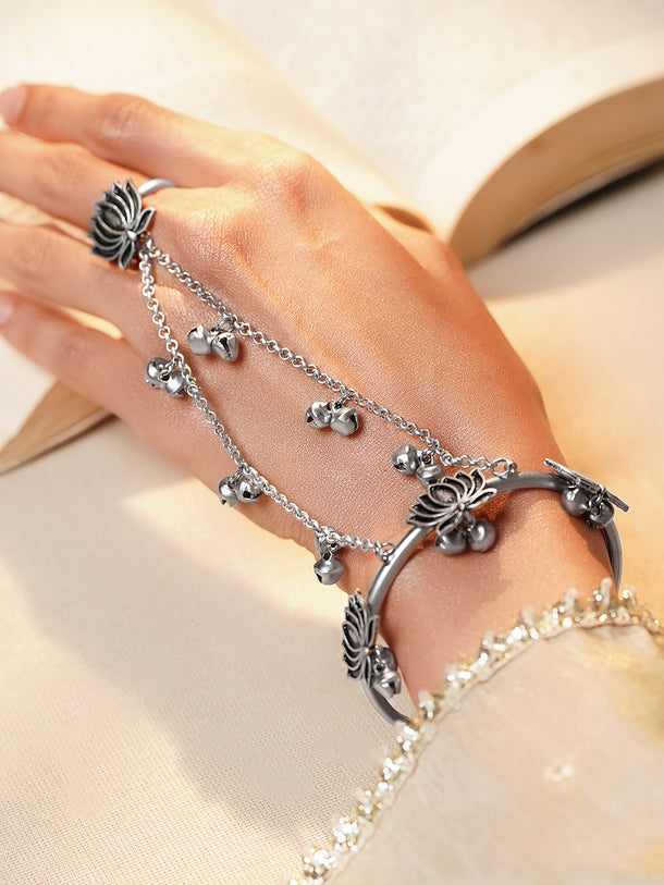 Oxidised Ghungroo Beaded Lotus Motif  Hathphool