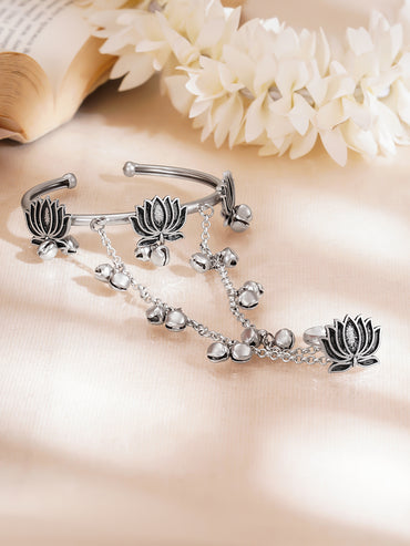 Oxidised Ghungroo Beaded Lotus Motif  Hathphool