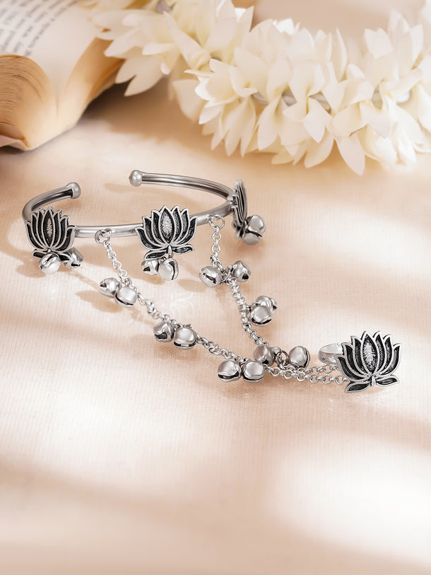 Oxidised Ghungroo Beaded Lotus Motif  Hathphool