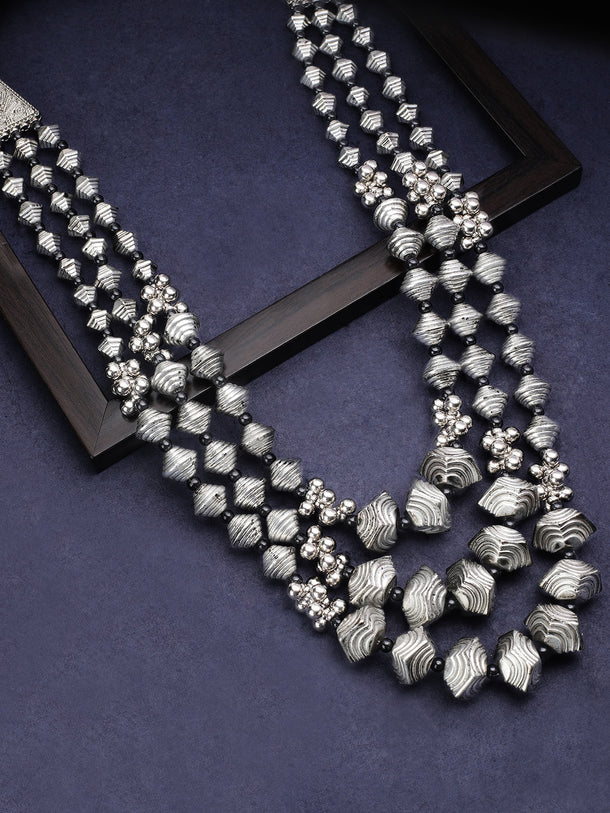 Rubans Silver Plated Oxidised Handcrafted Multi Layer Boho Necklace