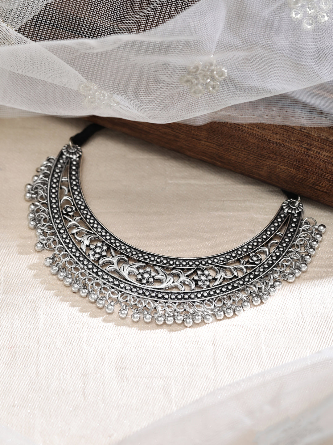 Rubans Oxidised Silver Plated Handcrafted Filligree Necklace
