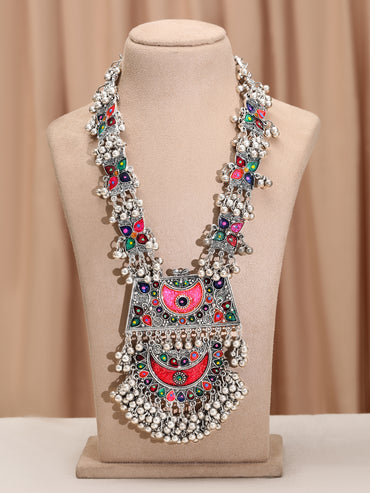 Multicolor Studded Silver Beads Oxidised Necklace