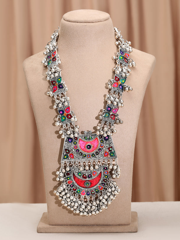 Multicolor Studded Silver Beads Oxidised Necklace