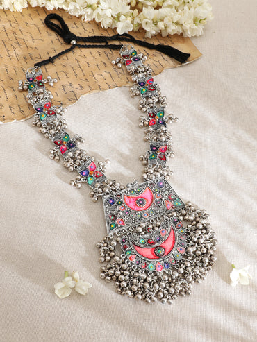 Multicolor Studded Silver Beads Oxidised Necklace