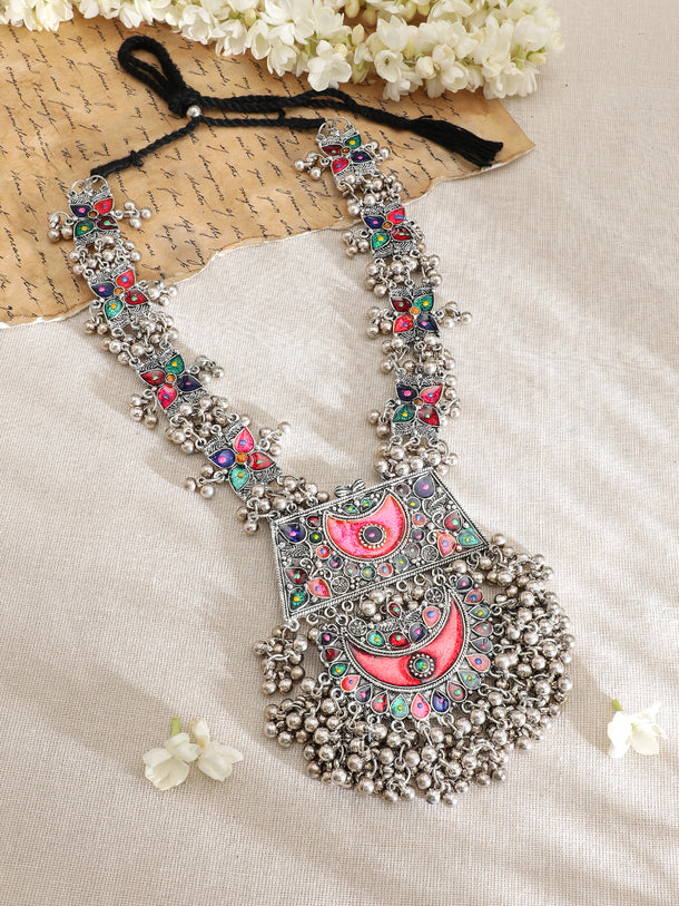 Multicolor Studded Silver Beads Oxidised Necklace