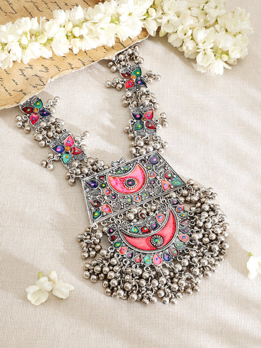 Multicolor Studded Silver Beads Oxidised Necklace