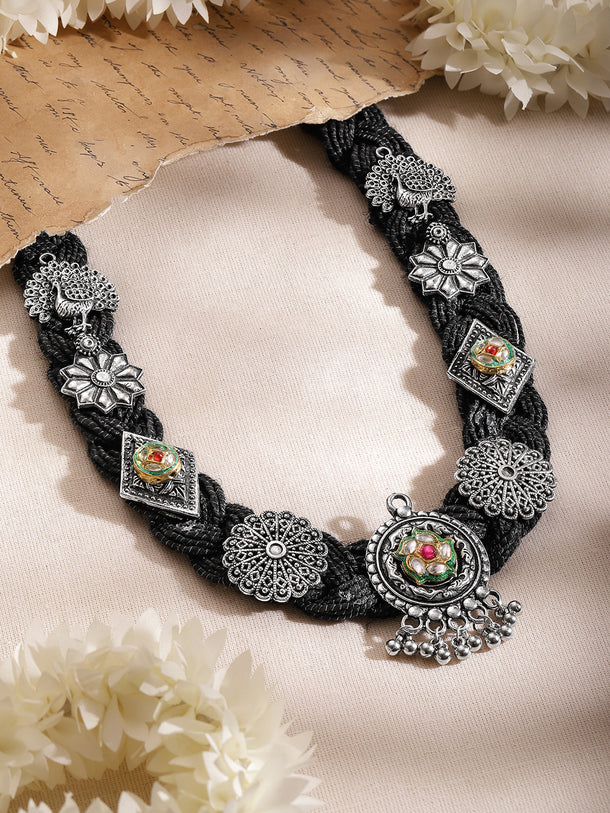 Oxidised Peacock & Floral Motif Black Necklace