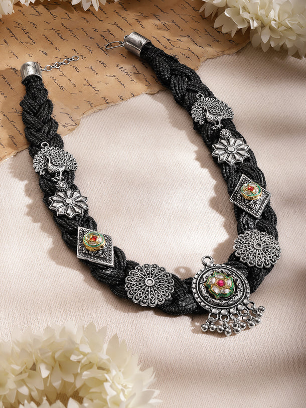 Oxidised Peacock & Floral Motif Black Necklace